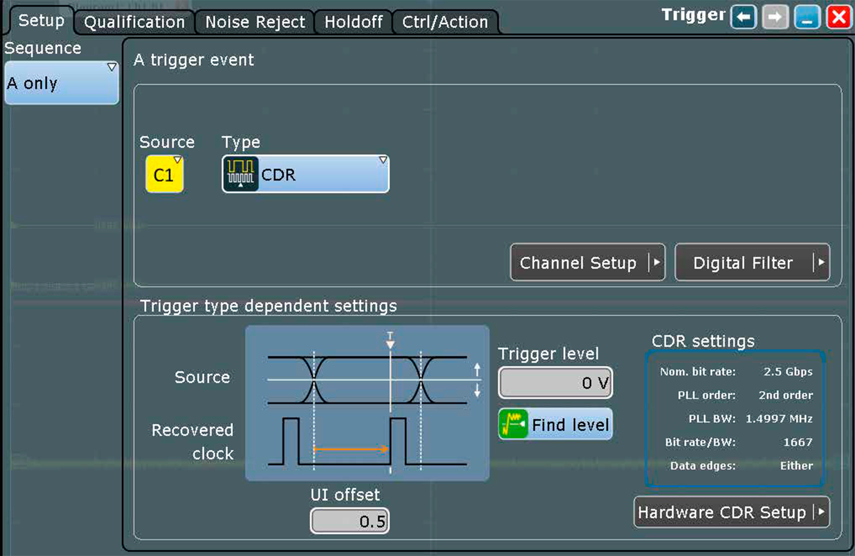 Fig. 5: Seleccin de la CDR (clock data recovery) como fuente de disparo al utilizar la opcin hardware CDR R&S-RTO-K13...