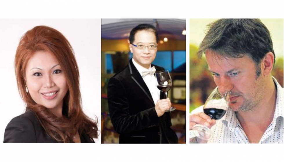 Jennie Mack de AWSEC, Peter Kwong del Comit de la Cmara General de Vinos y Espirituosos de Hong Kong y Norrel Robertson, Master of Wine...