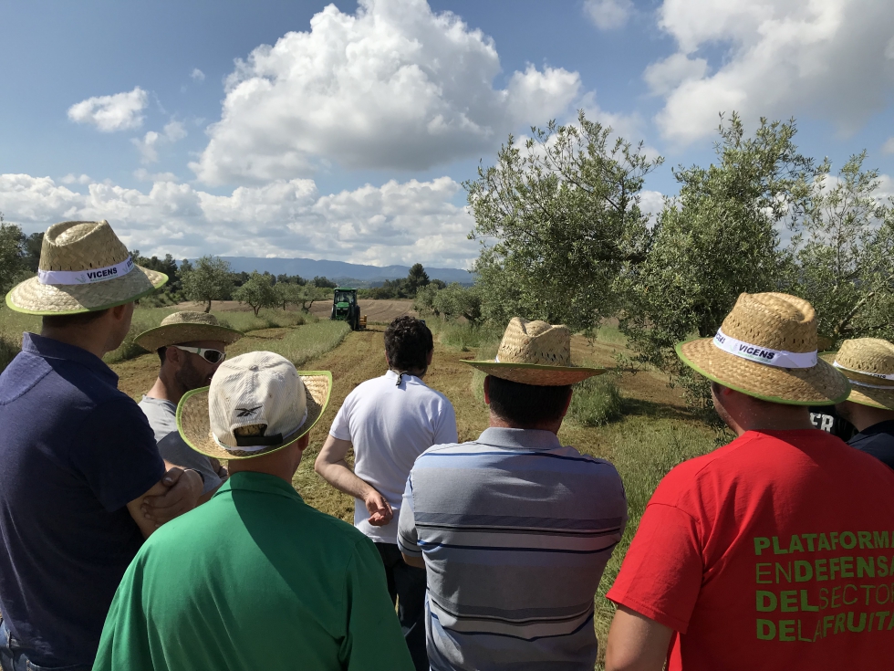 Uno de los tcnicos instructores de Vicens observa junto a varios agricultores el comportamiento de uno de los tractores en campo...