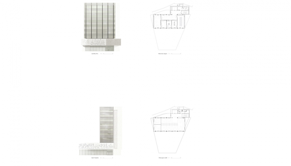 Planos de fachada y planta de la sede renovada del COAC de Barcelona. Planos: Fuses-Viader Arquitectes