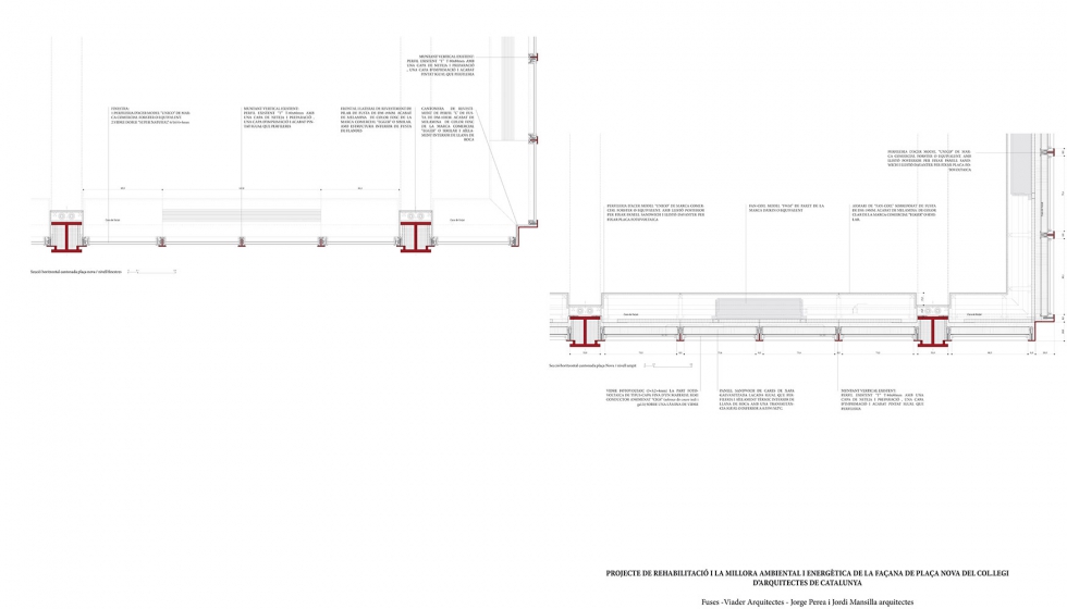 Seccin horizontal esquina Plaa Nova, nivel ventanas (arriba) y nivel antepecho (abajo). Planos: Fuses-Viader Arquitectes...