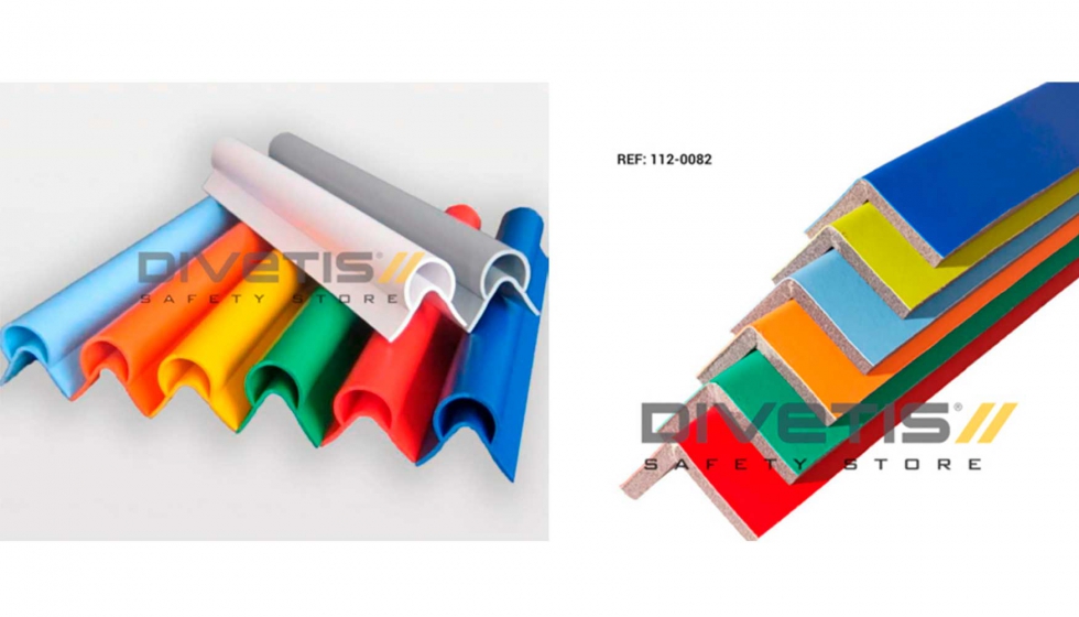 Esquinera PVC Flexible Reforzada Ref. 112-0088 y112-0089 (izq) y esquinera forrada de PVC tacto piel Ref. 112-0082 (dcha.)...