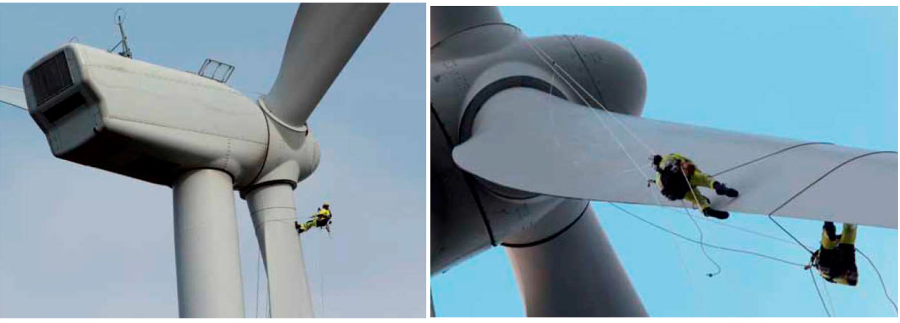 Figura 2. Ejemplos de trabajos verticales en un aerogenerador (Fuente: Guía para el uso de cuerdas en trabajos verticales de AEE)...