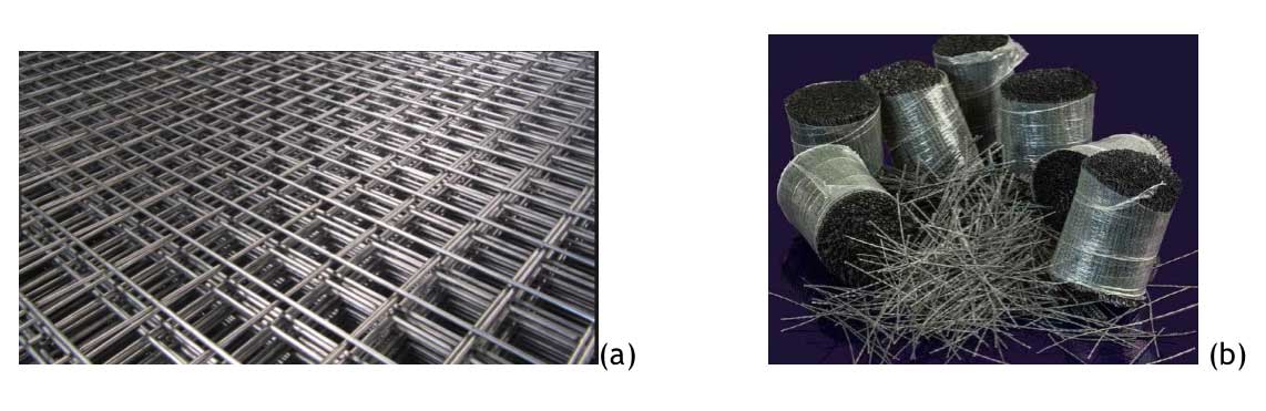 Aspecto visual de los dos differentes refuerzos: (a) mallazo de acero; (b) fibras de poliolefina Sikafiber T 48