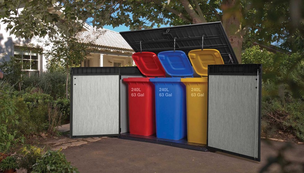 La capacidad de almacenaje del Cobertizo Grande Store permite guardar tres cubos de 240 litros, ideal para el reciclaje