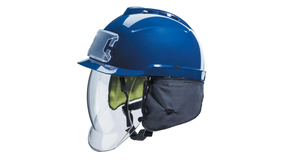 Figura 8: Detalles del casco con conjunto de marco/pantalla integrados, incluyendo solapas cubreorejas, barboquejo y adhesivos reflectantes...