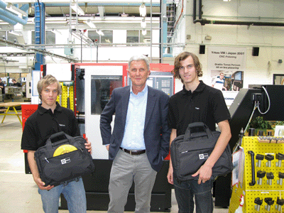 Tord Kck, Director-General and Director of Fanuc sales along with the winners Tobias Gustafsson and Max Freiman