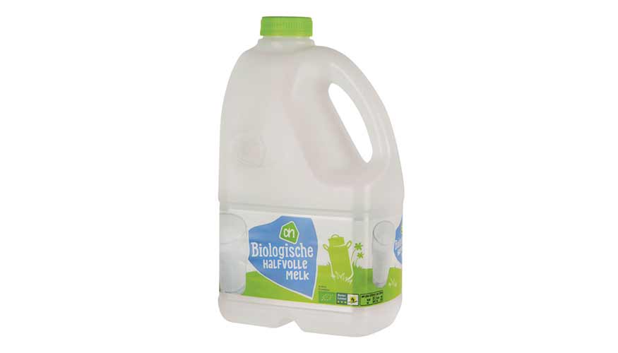 Envase de leche, asa y tapn hechos de PE bio-basado reciclable