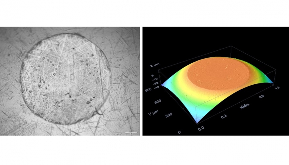 Imagen ptica (izquierda) y en (3D) (derecha) mediante microscopa confocal donde se muestra el fallo de un recubrimiento aplicado sobre una...