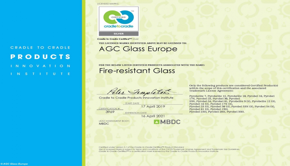 Certificado Cradle to Cradle de vidrio resistente al fuego para Pyrobel, de AGC. Foto: AGC