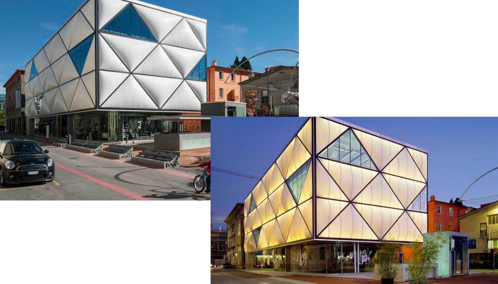 Fig. 1. Edificio Comercial La Miroiterie, de Brauen & W�lchli Architects, en Lausana (Suiza) de d�a y de noche. Foto de d�a: Adrien Barakat...