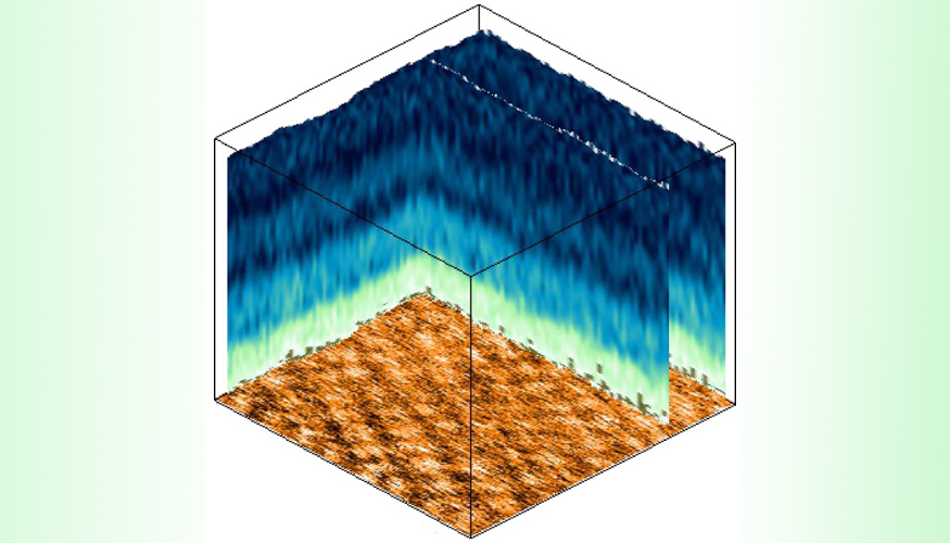 Imagen 3D de grafeno y agua. Los atmos de carbono del grafeno aparecen en la base del cubo...