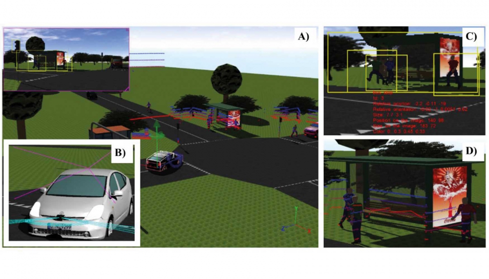 (a) Vista area del escenario 3D que emula las infraestructuras del Centro de Automtica y Robtica. (b) Modelo de vehculo con sensores incorporados...