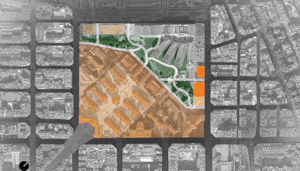 Plano de situacin del Instituto de Investigacin dentro del recinto de Sant Pau (destacados en color naranja).PICHarchitects_Pich-Aguilera...