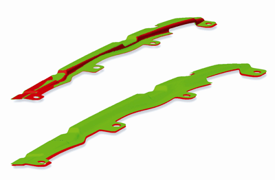 Comparacin de la geometra de la pieza (rojo) con la geometra de referencia (verde) antes de la compensacin del springback (arriba) y tras la...