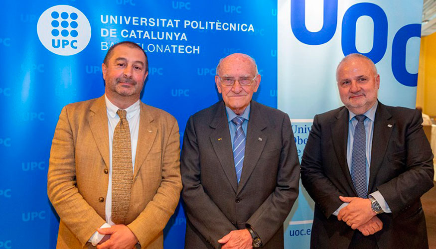 Los actuales rectores de la UPC y UOC, junto a Gabriel Ferrat
