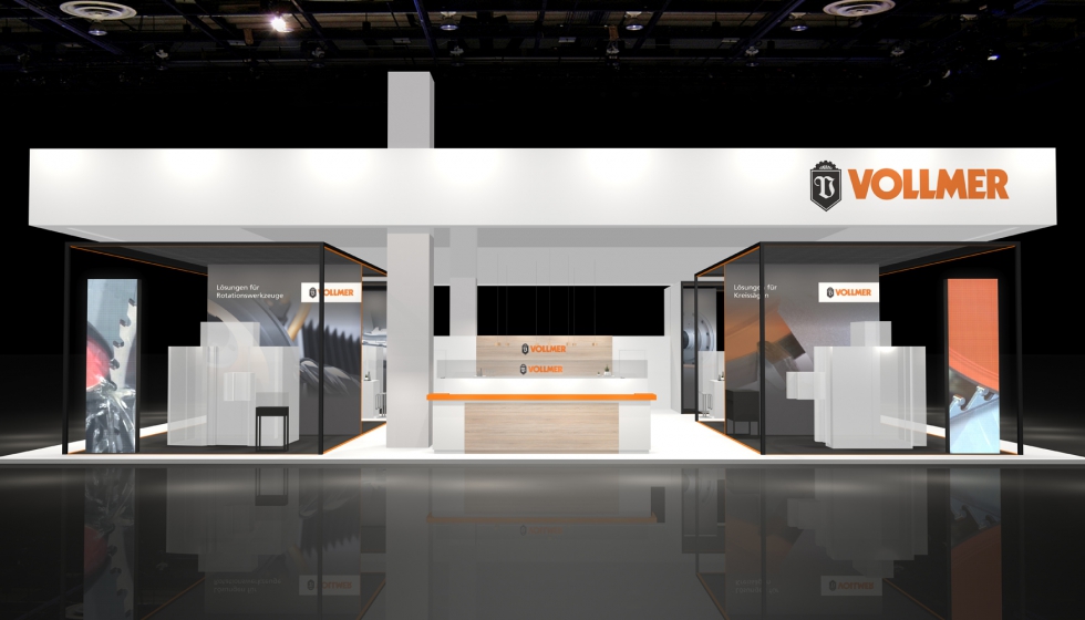 En el nuevo stand de la feria con techo blanco y logotipo, Vollmer presentar por primera vez sus tecnologas e innovaciones en EMO 2019...