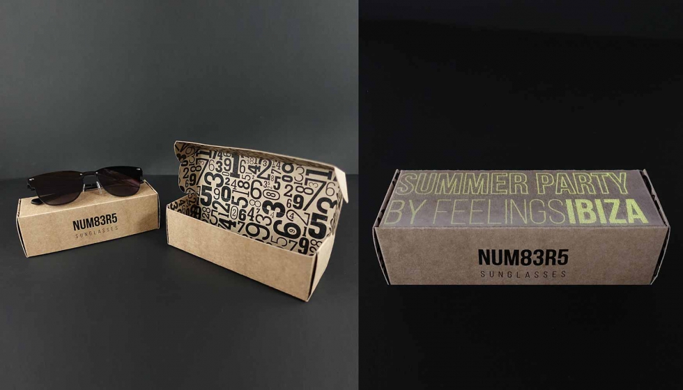 Se ha personalizado el packaging de una ficticia firma de gafas de sol  plantilla caja automontable de Truyol Digital impresa sobre papel kraft-...