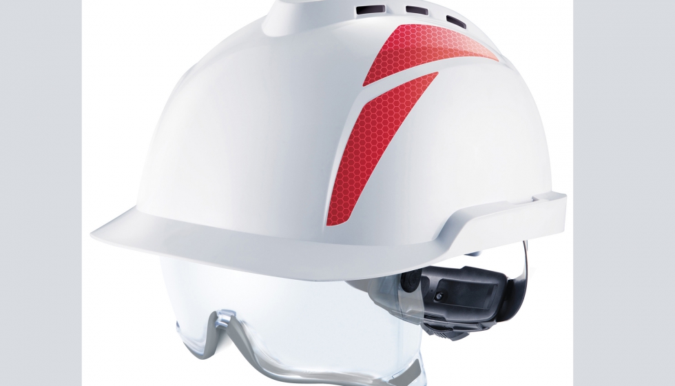 Figura 5: Casco industrial de seguridad ventilado, con visor ocular escamoteado dentro del casco cuando no se utiliza