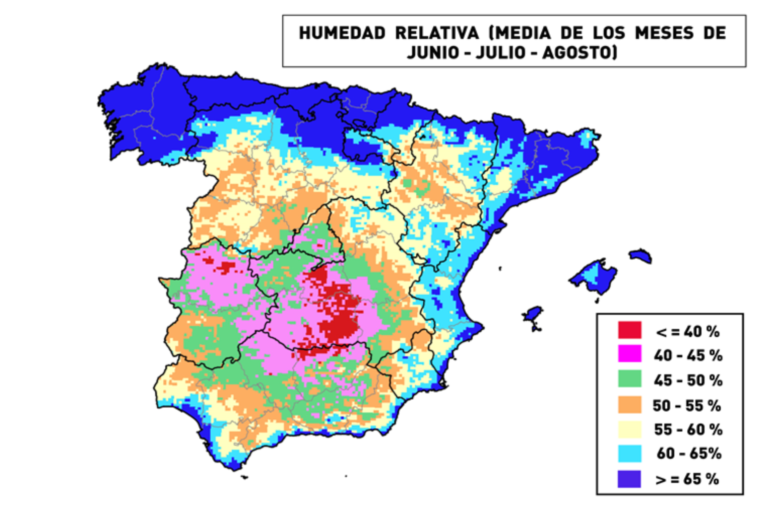 Fig.4: Mapa de humedad relativa media de los meses de Junio, Julio y Agosto en Espaa