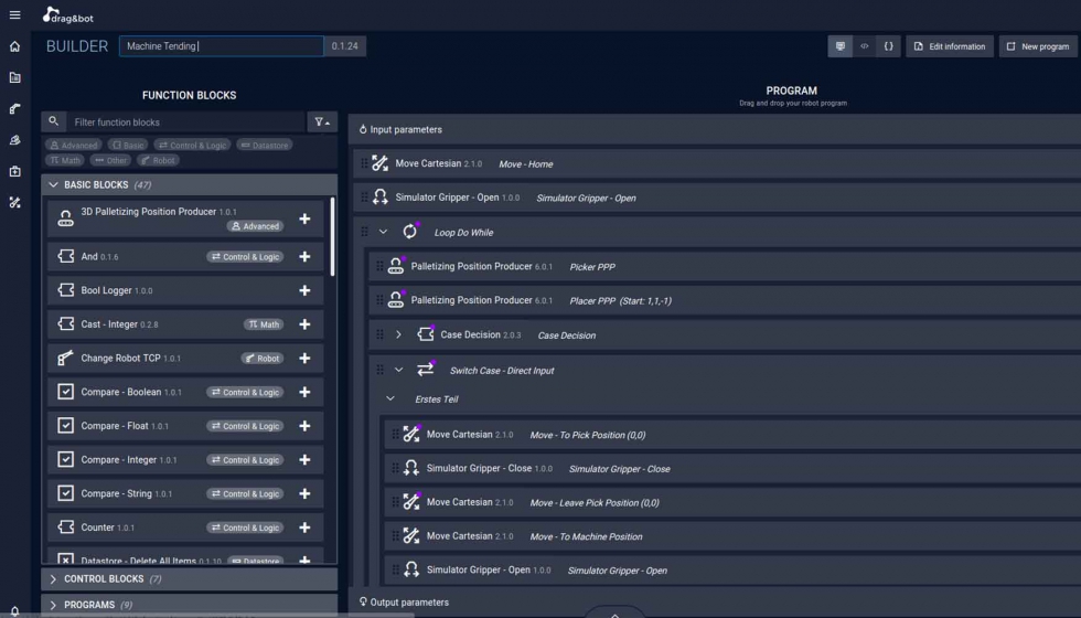 Captura de pantalla con la secuencia del programa: El constructor de drag&bot ofrece programacin grfica mediante arrastrar y soltar...