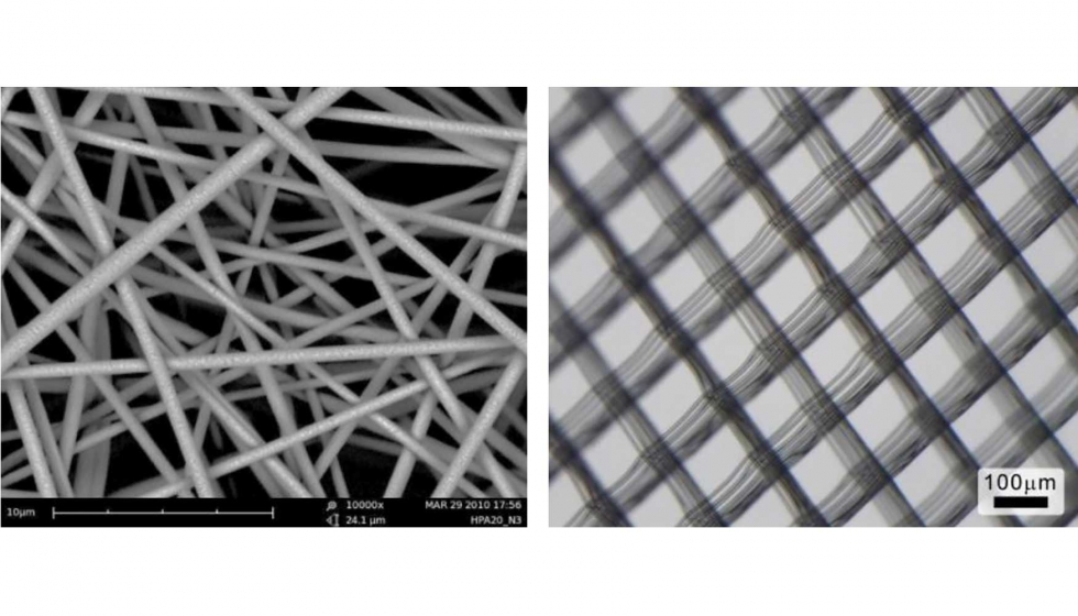 A la izquierda, estructura obtenida de electrospinning; a la derecha, estructura obtenida de melt electrospinning