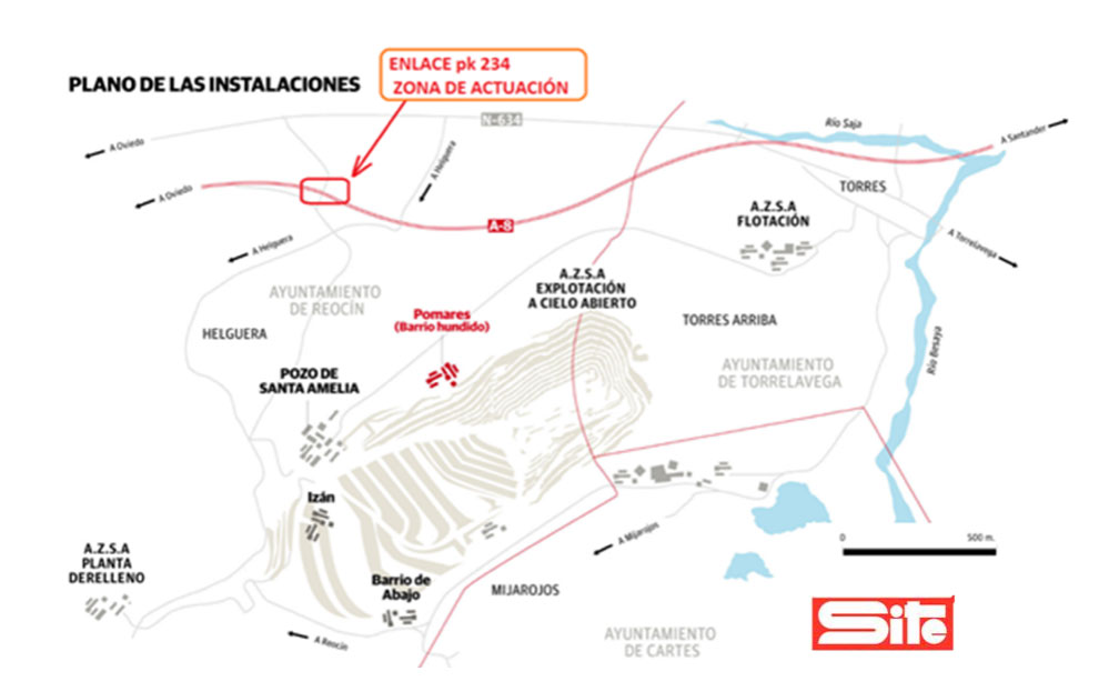 Figura 2  Ilustracin del plano de las instalaciones de la mina de Reocn acompaado de la indicacin de la zona de actuacin (lvarez, 2015)...