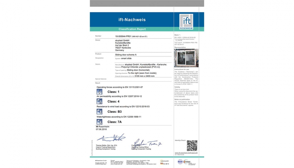 Certificado ift Rosenheim de Smart Slide, de aluplast
