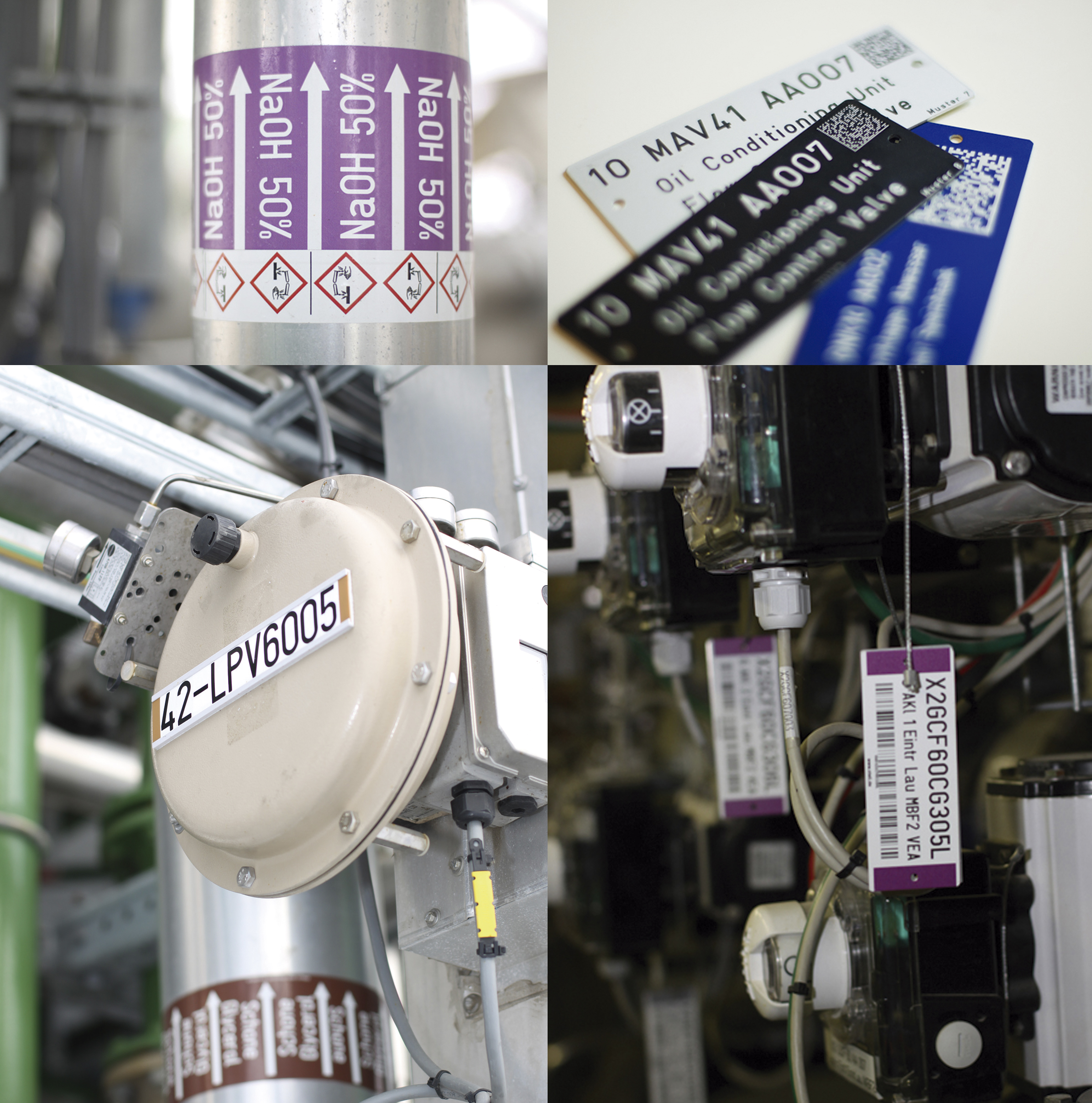 Placas de señalización e identificación Stell-MABECONTA para equipos industriales en plantas de proceso