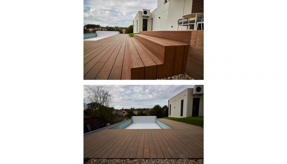 Para los suelos exteriores, jardn y zona de la piscina se ha optado por la tarima Urban Deck Top Duo en color Teka