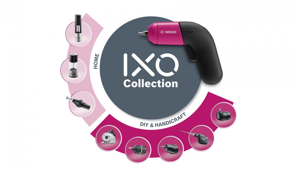 IXO Collection ana el atornillador con 8 adaptadores con diversas aplicaciones dentro y fuera del hogar