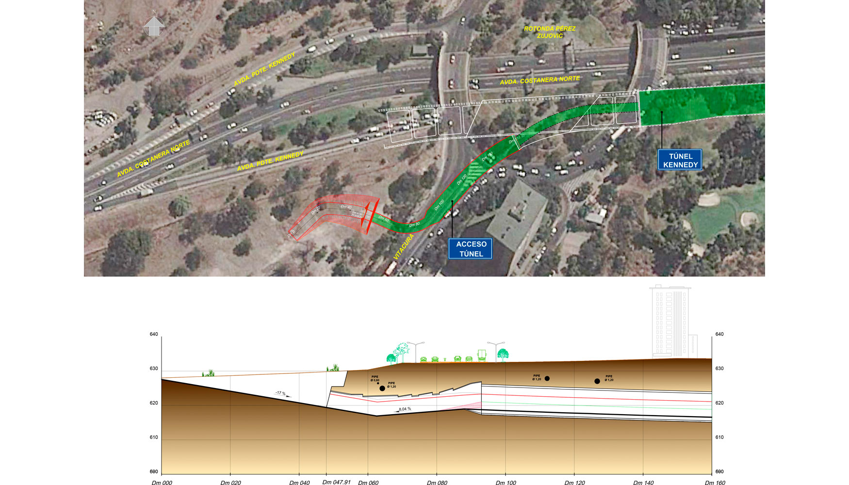 Figura 4. Alineacin y seccin del tnel de acceso temporal. Tnel Kennedy