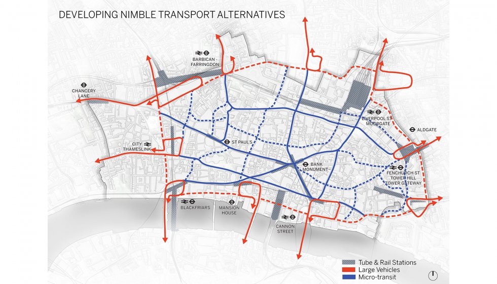 La propuesta de SOM de repensar la movilidad en la ciudad de Londres prioriza el caminar y el microtransport autnomo dentro del ncleo de la...