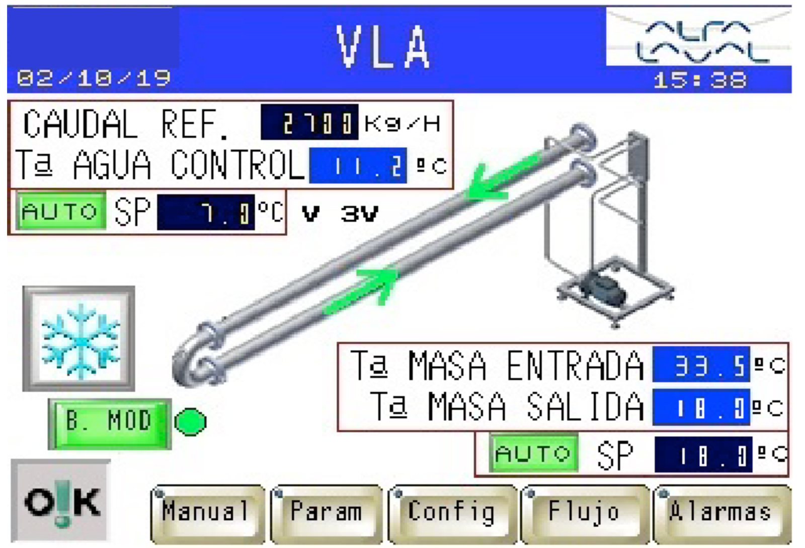 Detalle display con datos de temperatura a la entrada y salida de masa en el VLA