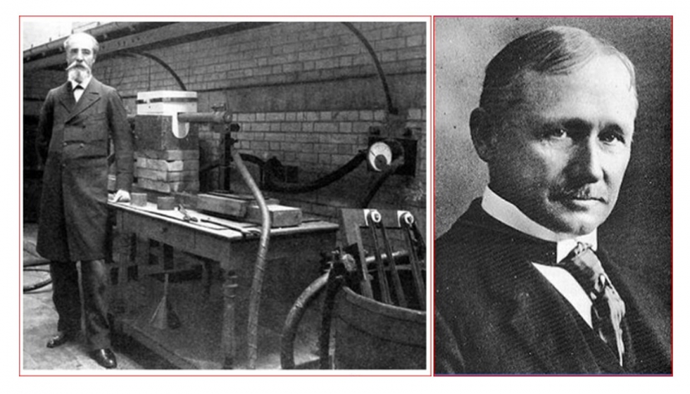 A la izq., Henry F.M. Moisan (1852-1907) que, en 1894, descubre el Carburo de Tungsteno. A la dcha., F.W. Taylor