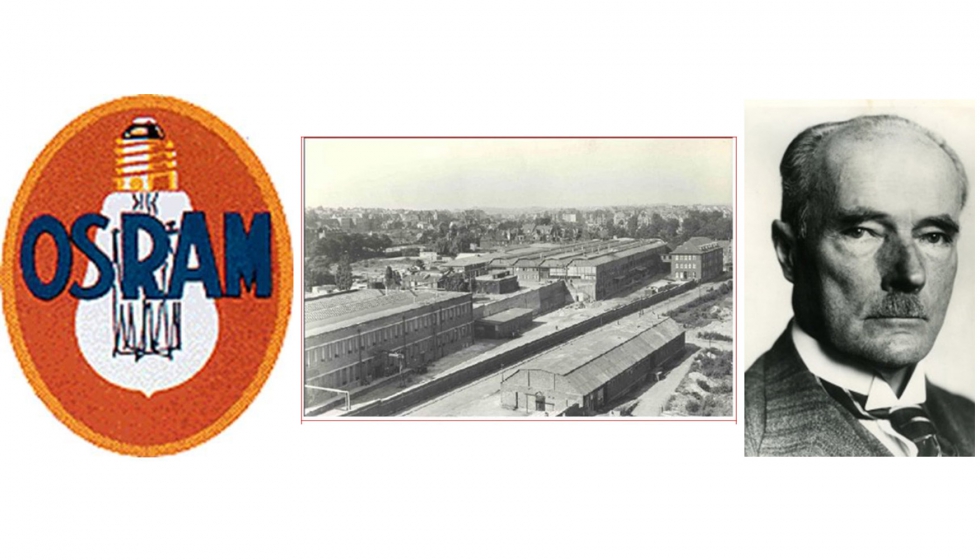 De izq. a dcha.: Logo de Osram, sntesis de las palabras Osmio y woldRAMIO; taller de Widia de Krupp en Essen, 1925; y Gustav Krupp...