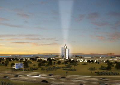 Maqueta virtual de Puerta Centro con el edificio El Faro como estandarte del proyecto