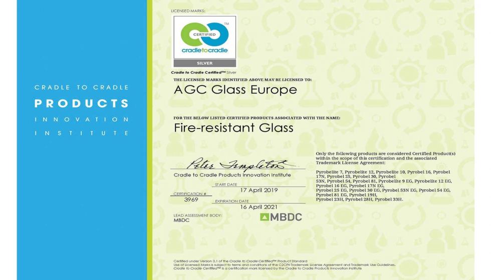 Certificado Cradle to Cradle Plata de vidrio resistente al fuego para AGC Glass Europe