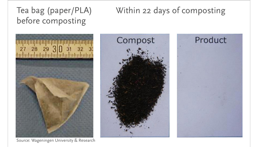 Bolsas de t de papel/PLA compostables certificadas por Seedling EN13432 - antes y despus de 22 das de compostaje en una instalacin de compostaje...