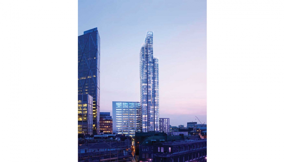 La elegante torre fachada de vidrio de la Principal Tower, en Londres, cuenta con las barras espaciadoras de eficiencia energtica de Swisspacer...