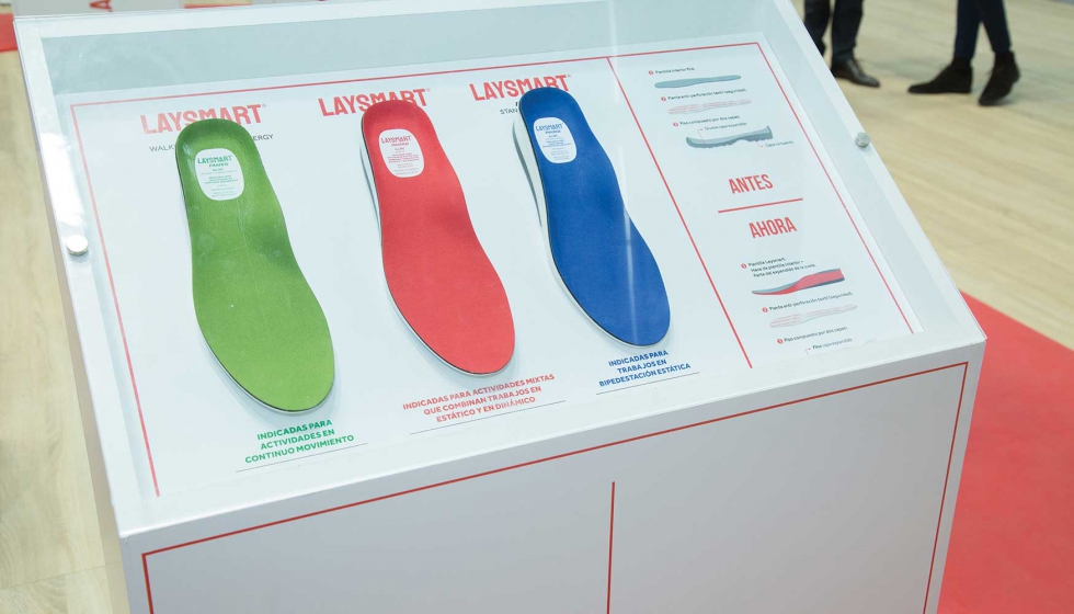 Este innovador calzado laboral desarrollado por Panter junto con el IBV incluye una gama de tres plantillas. Imagen del stand de Panter en Sicur 2020...