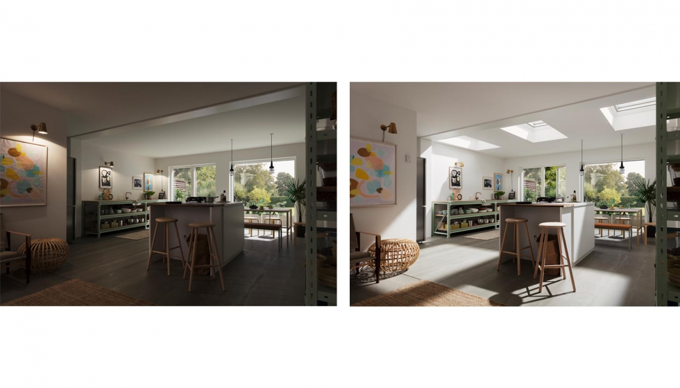 Cualquier estancia del hogar, como una cocina, cambia mucho con el aporte de luz natural conseguido con las ventanas de tejado de Velux...