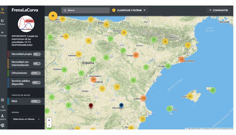 Este mapa se ha desarrollado gracias a Kaleidos.net, una cooperativa que usa el software libre Ushahidi, que ha referenciado a frenalacurva...