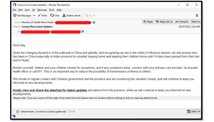 Un ejemplo, es el spam con ltimas actualizaciones del Corona Virus, cuyo remitente era Ministerio de Salud...