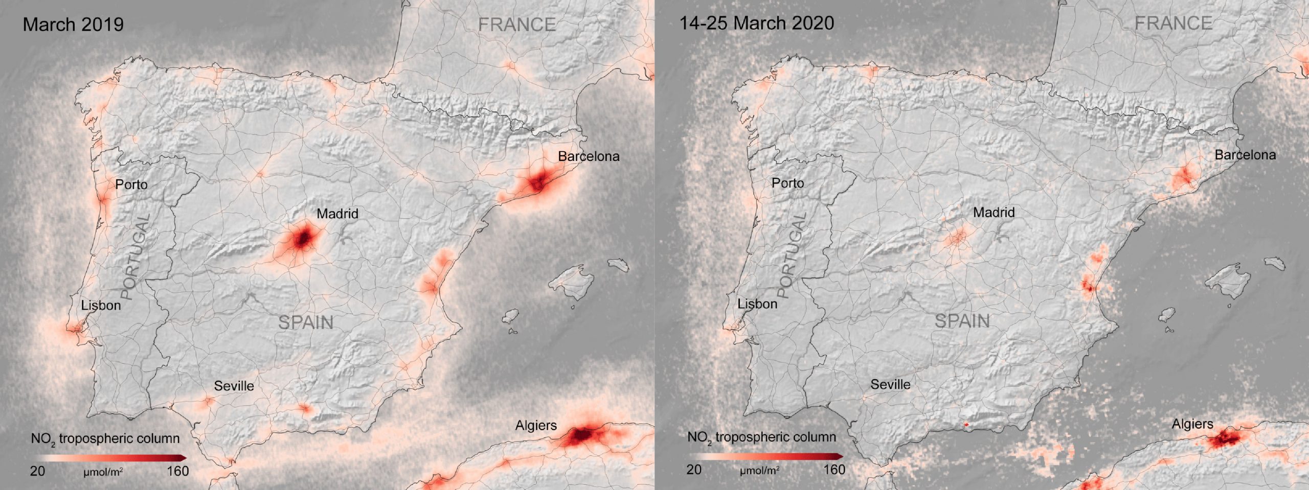 Emisso de Dixido de Nitrognio na Pennsula Ibrica (maro 2019 vs. maro 2020). Fonte: ESA (Agncia Espacial Europeia)...