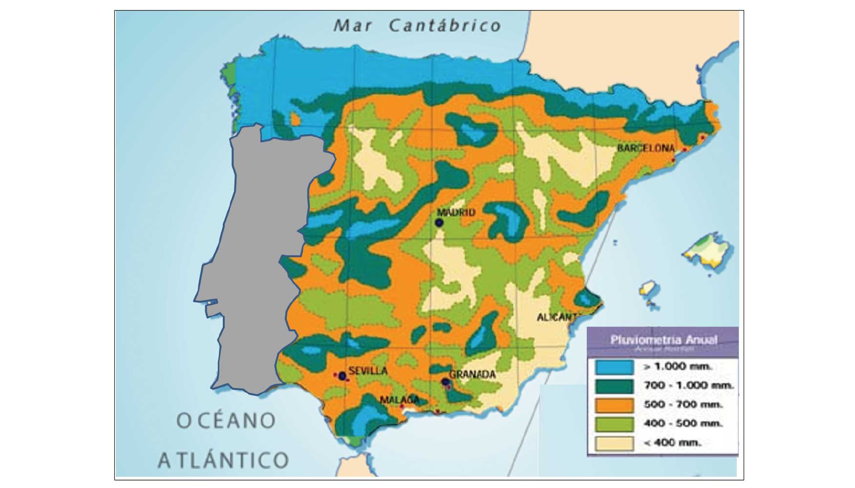 Figura 2: Mapa pluviom�trico de Espa�a con cinco clases de pluviometr�a (Fuente: AEMET)