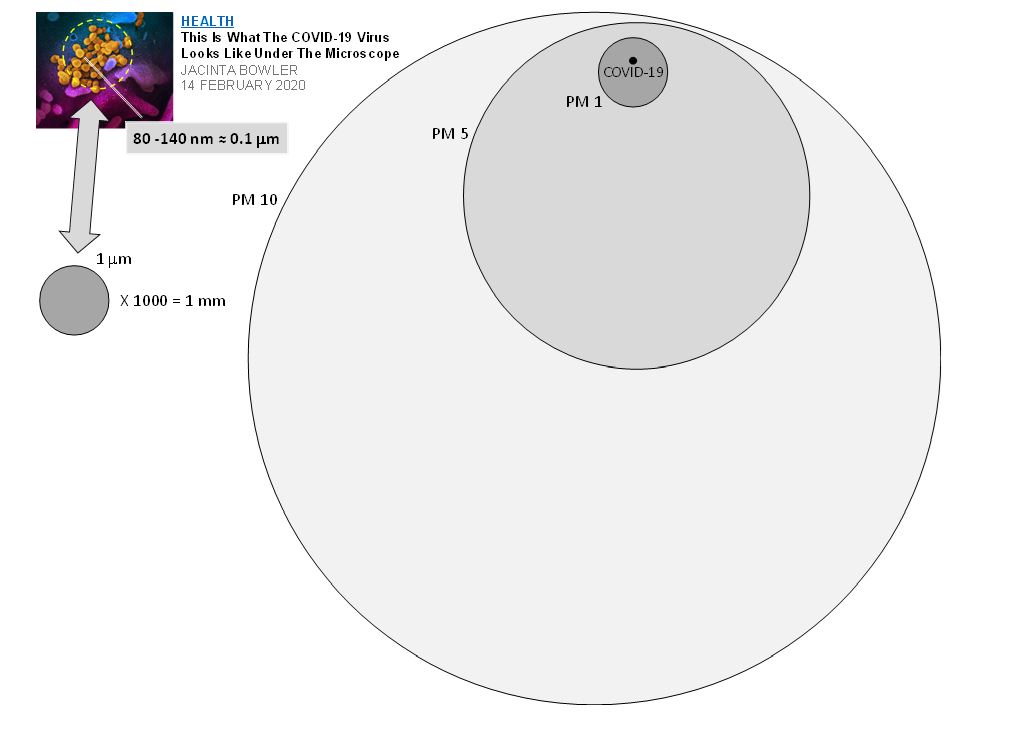 Figure 5. Comparao das dimenses do Covid-19 com algumas classes da matria particulada