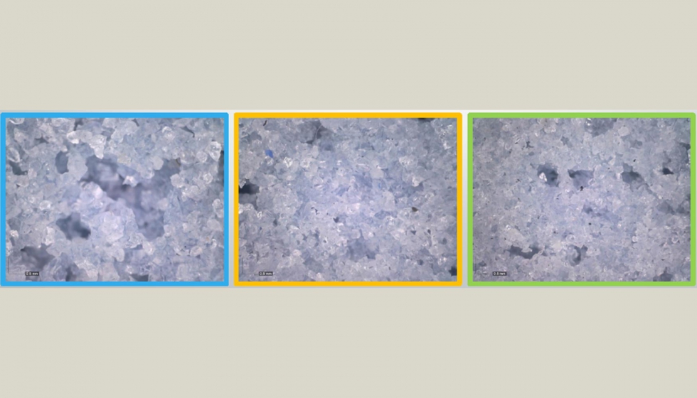 Figura 10: Superficie diamantada de muela de almina vitrificada de tamao de grano 46 (azul), 60 (amarillo) y 80 (verde)...