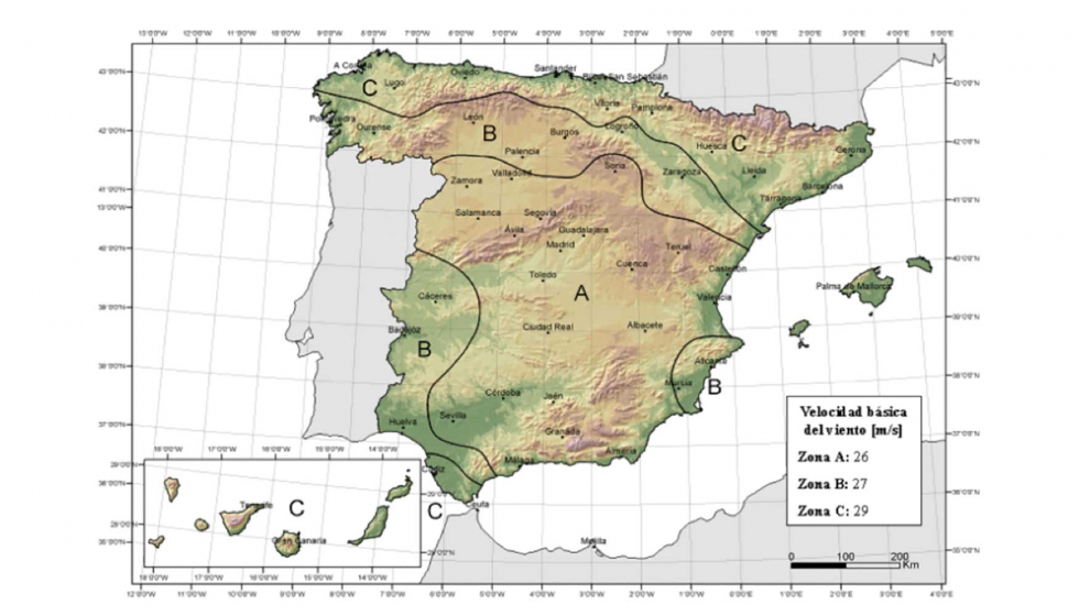 Mapas de viento de las zonas de Espaa, segn el CTE