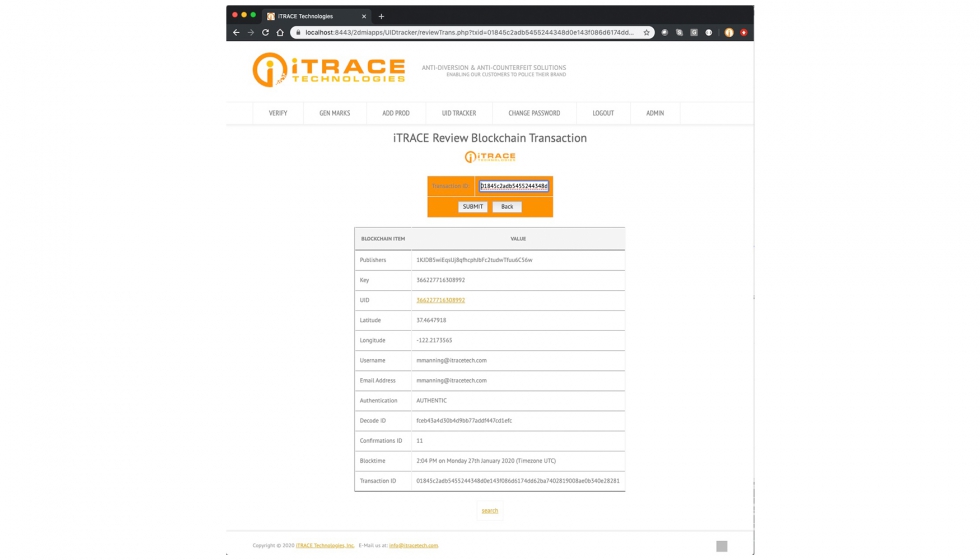Puerta de enlace iTrace Blockchain